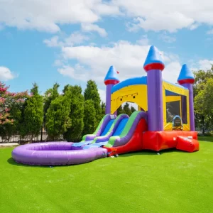 jelly bean castle bounce house with dual slide and pool with basketball hoop and basketball